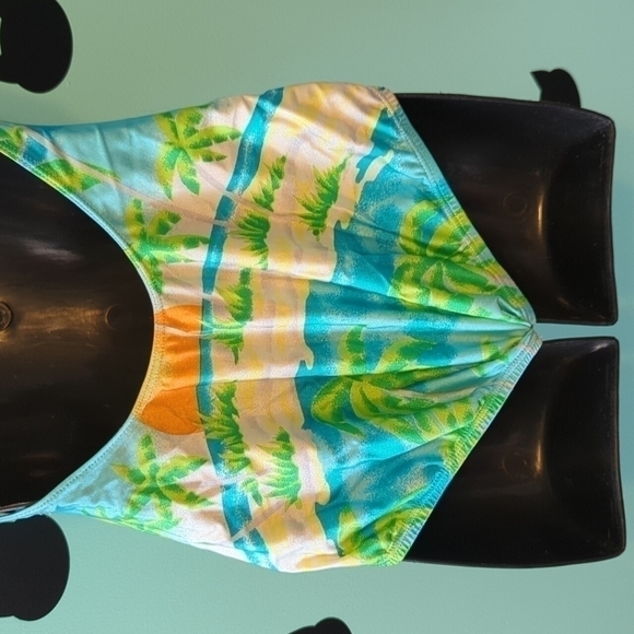 𝅺Vintage 80s Bathing Suit Racerback Tropical Sunset Union Made 14 - Picture 4 of 7